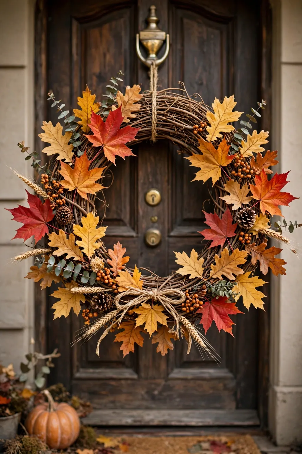 Classic autumn leaf wreath with red, orange, and gold leaves on a front door