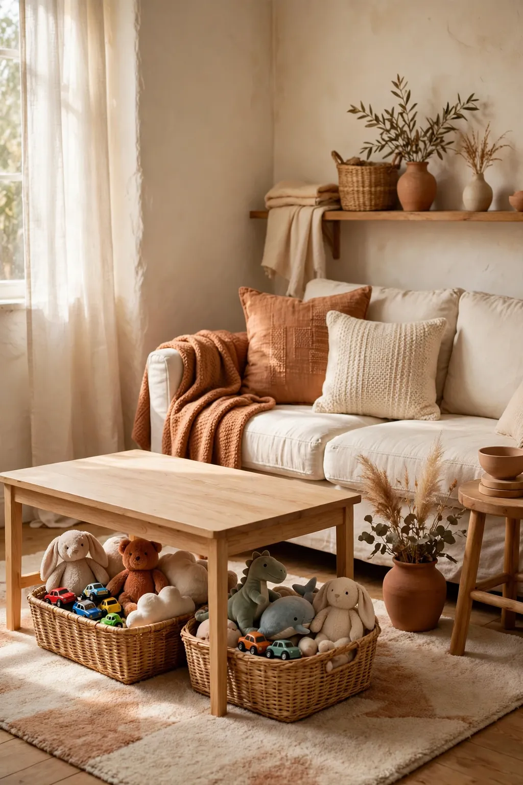 Small cozy living room with woven baskets of toys tucked under a wooden coffee table
