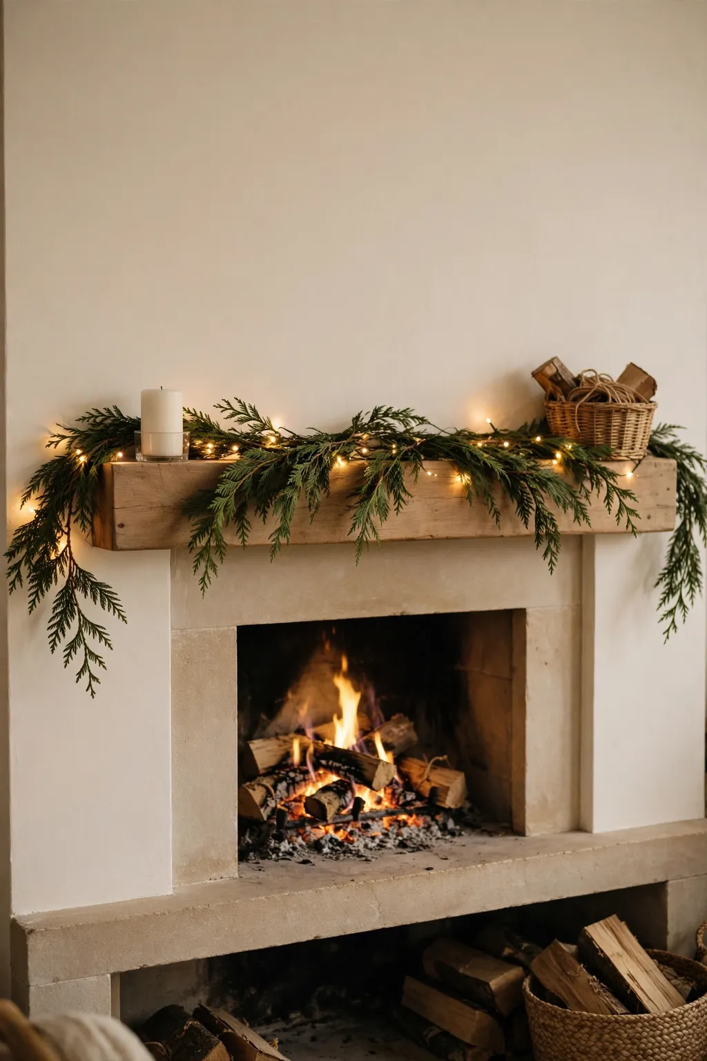 Christmas mantel with fresh cedar garland and warm fairy lights