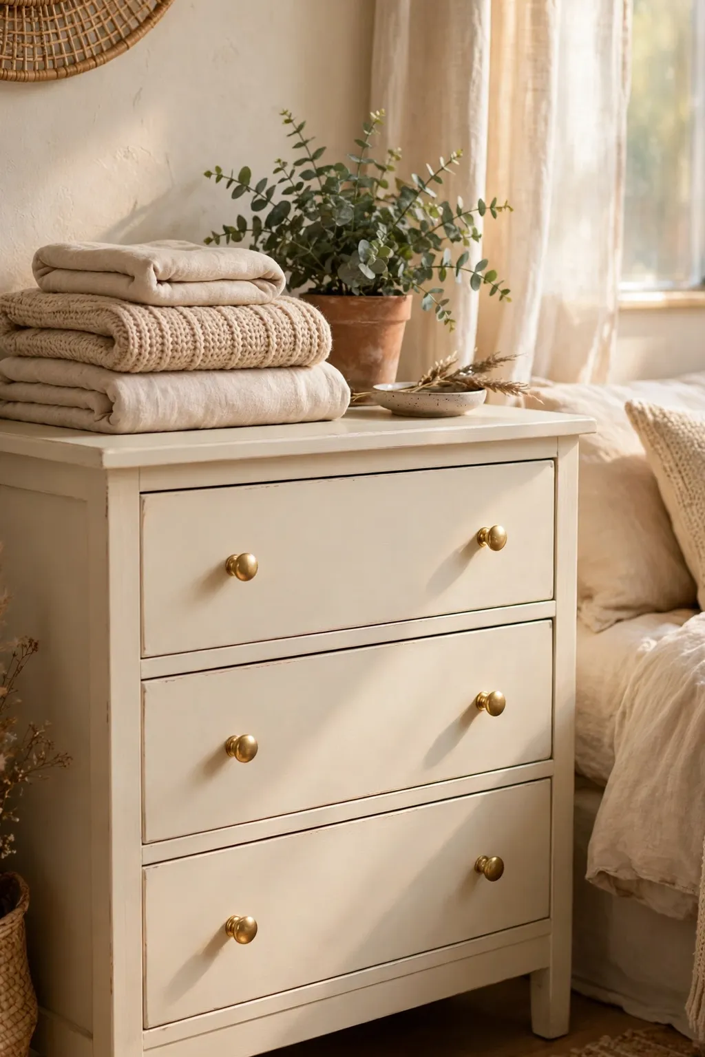 Wooden dresser chalk-painted in soft cream with new knobs in a cozy bedroom