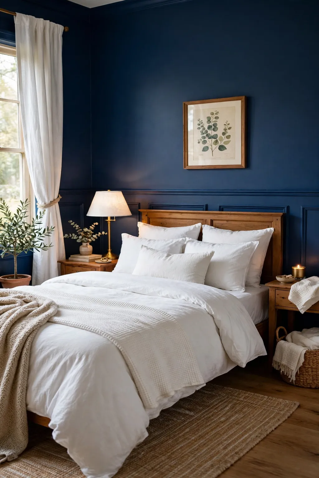 Cozy bedroom with classic navy blue walls and white bedding