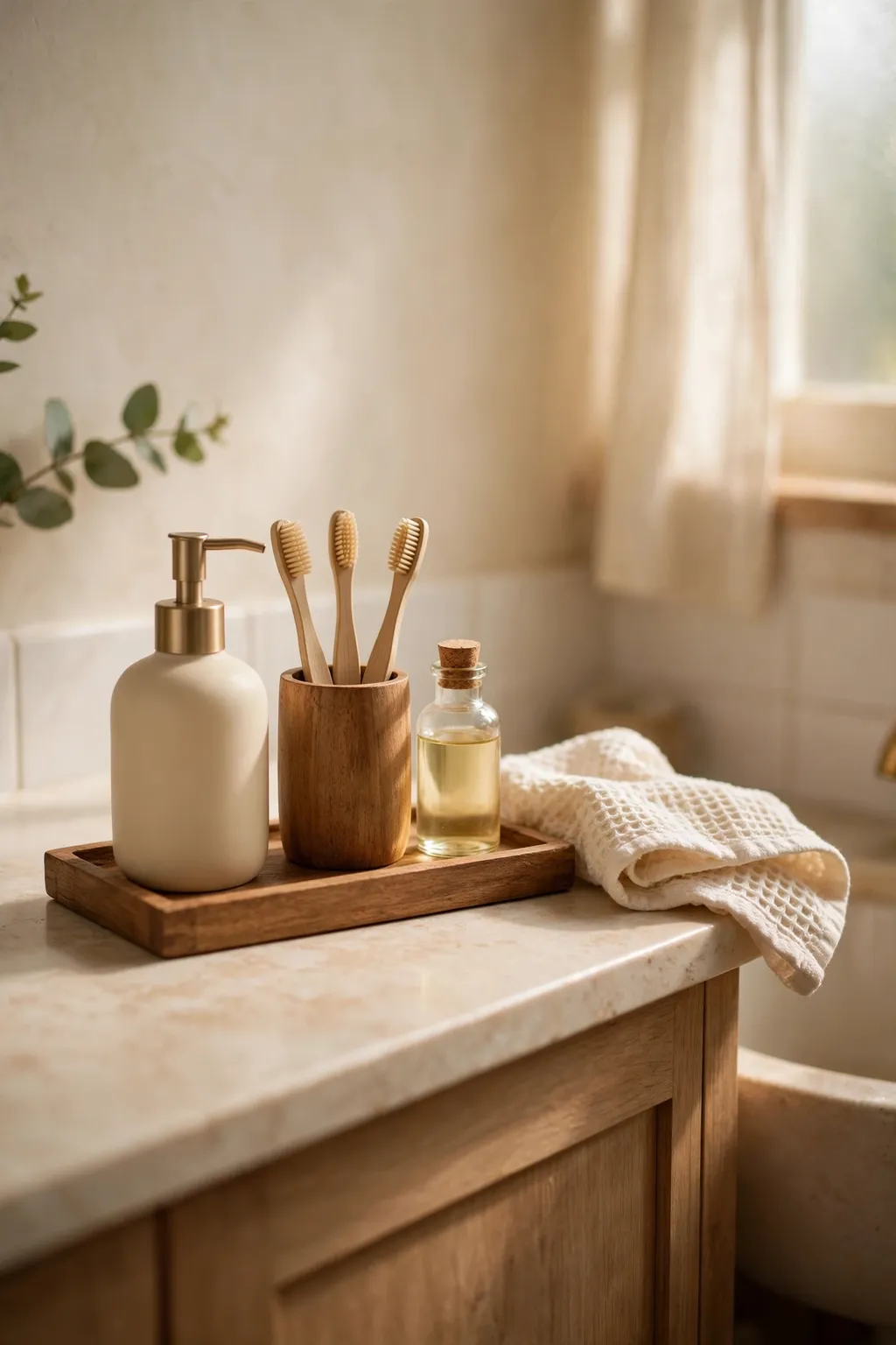 Small wooden tray on a bathroom counter holding hand soap, a toothbrush holder and a small bottle