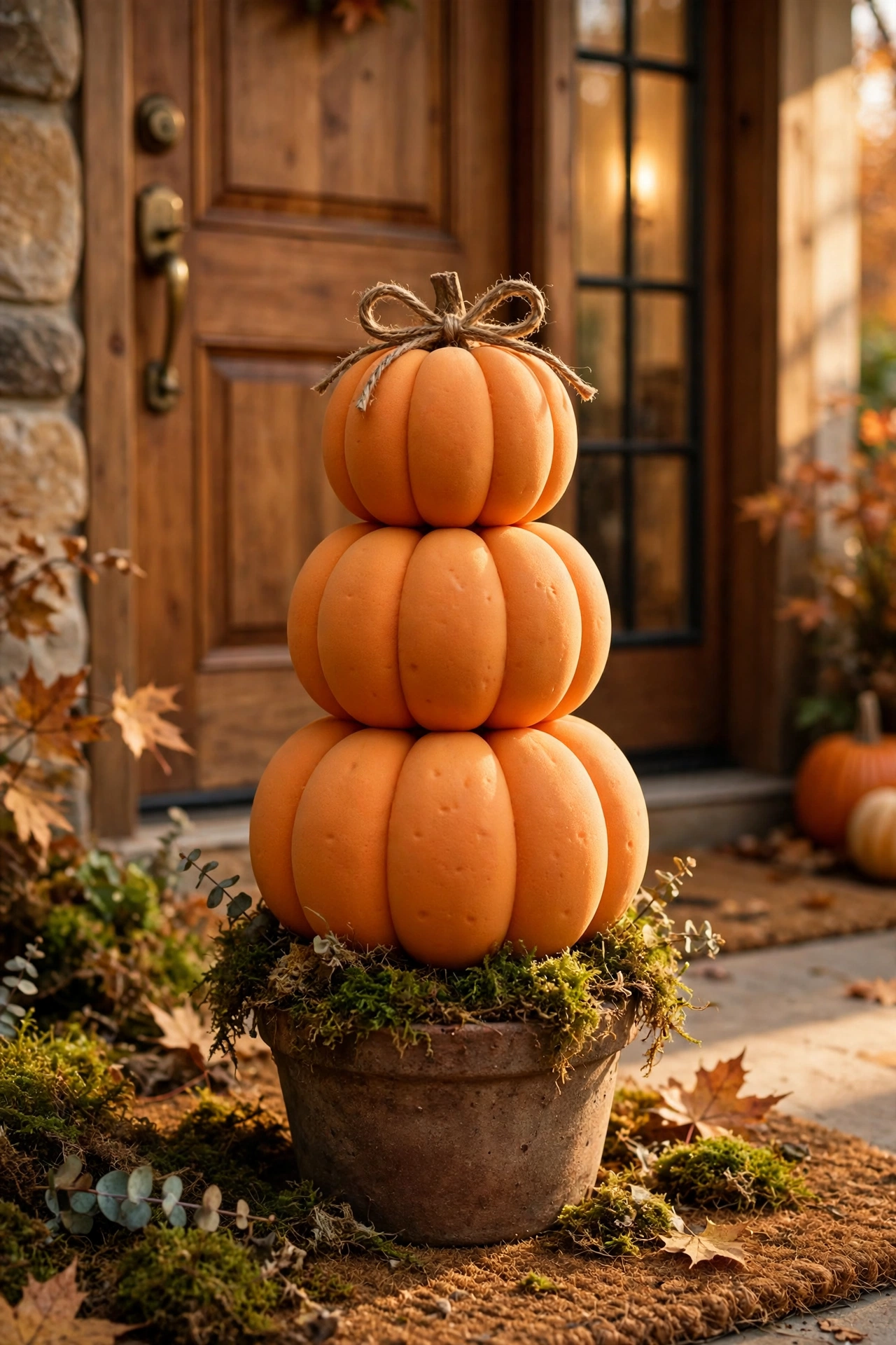 Stacked foam pumpkin topiary in a small pot by a front door