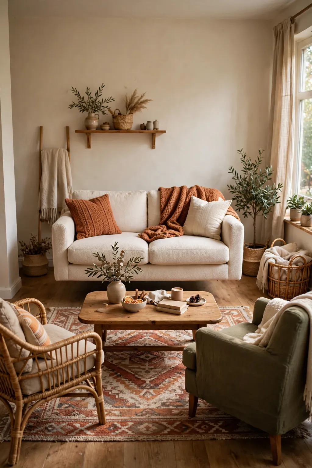 Small living room with sofa floated away from the wall in a conversational layout