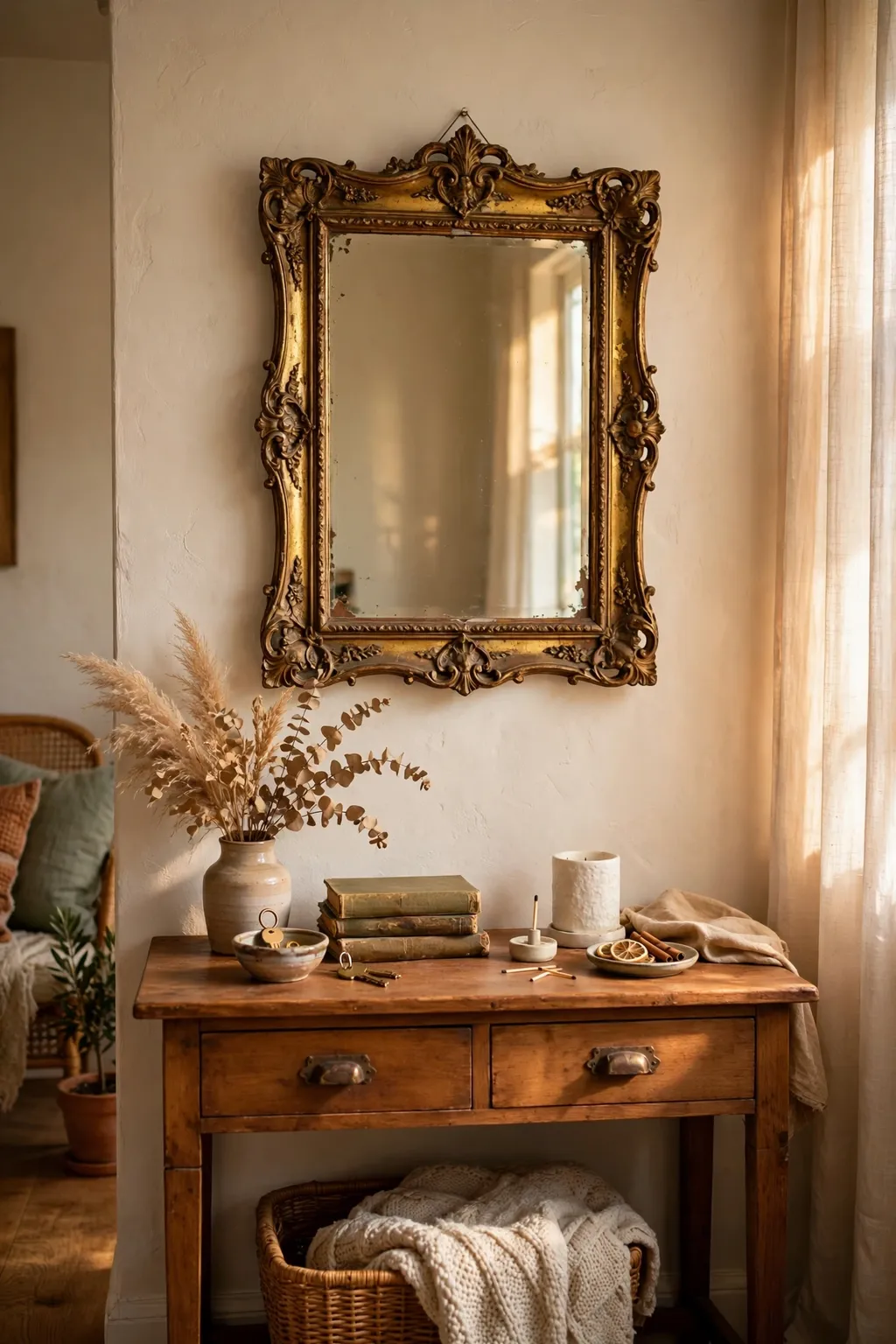 Thrifted ornate mirror with gold-leaf frame above a wooden console table