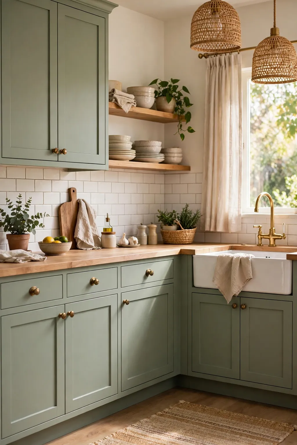 Freshly painted sage-green kitchen cabinets with brass knobs in a cozy kitchen