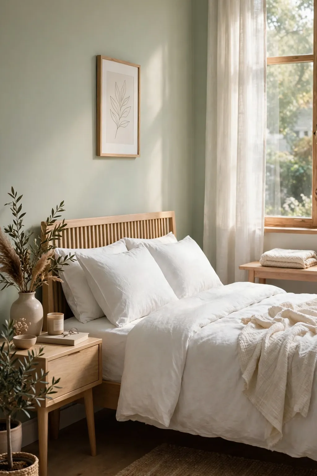 Bedroom with pale morning sage green walls and white bedding