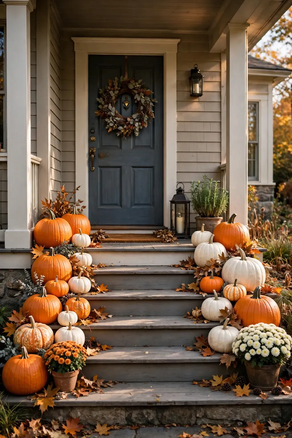 Front porch steps lined with orange and white pumpkins of different sizes