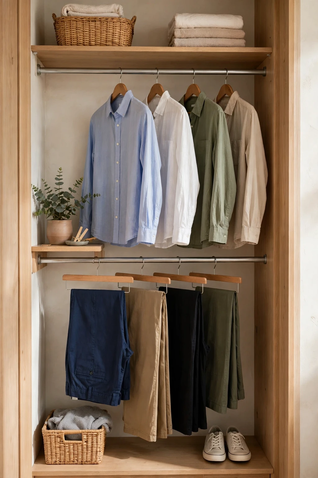 Small closet with a second hanging rod doubling the clothes space