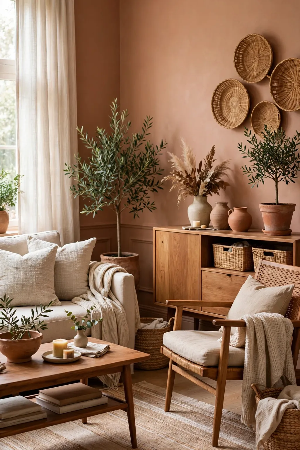 Living room painted soft clay terracotta with warm white trim and natural wood furniture