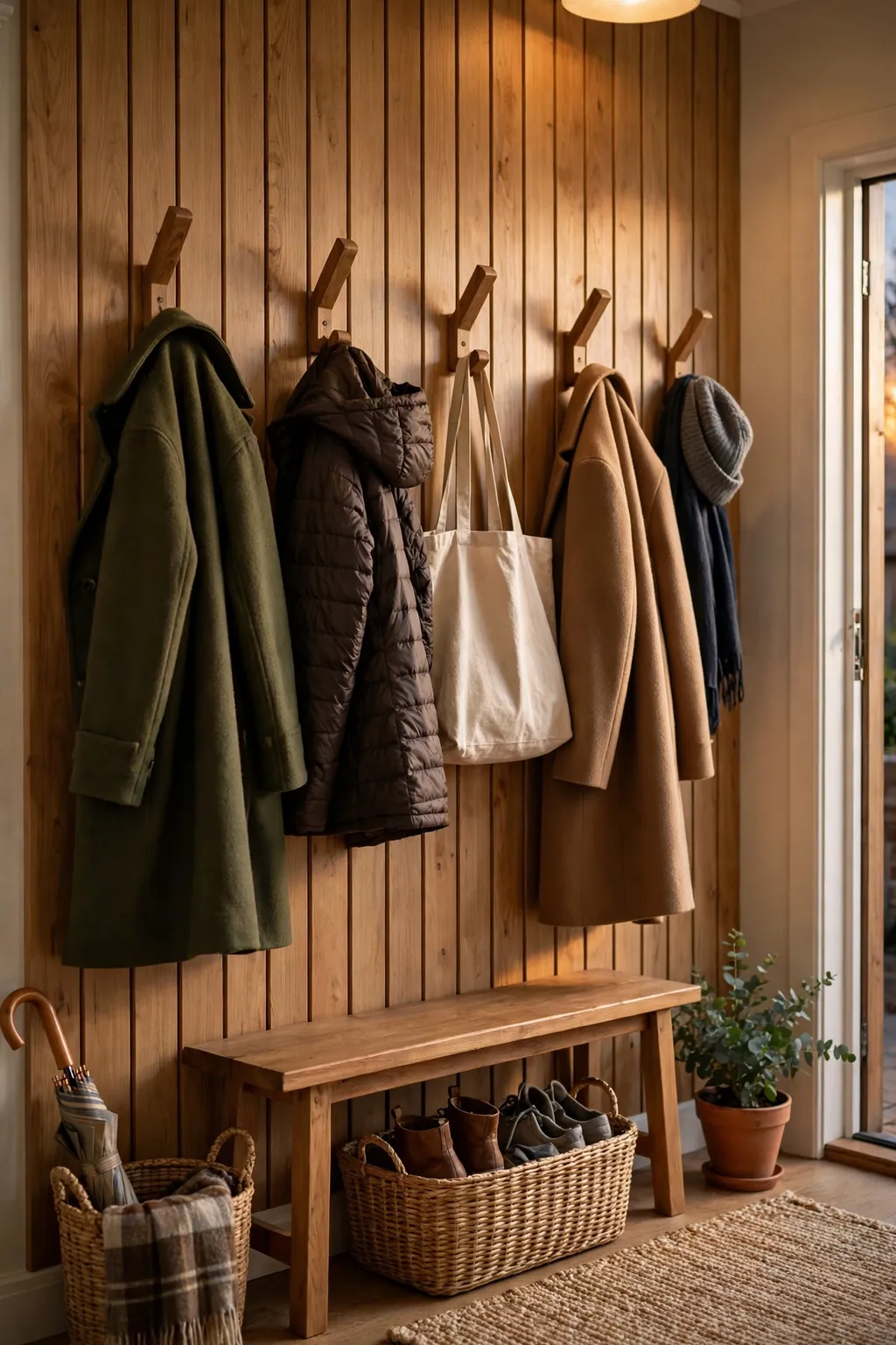 Entryway wall with sturdy wooden hooks holding coats and a tote bag