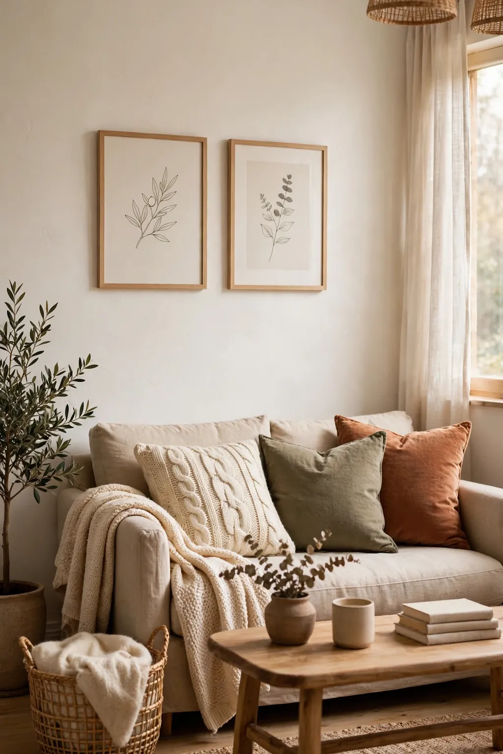 Small living room with a warm white accent wall behind the sofa