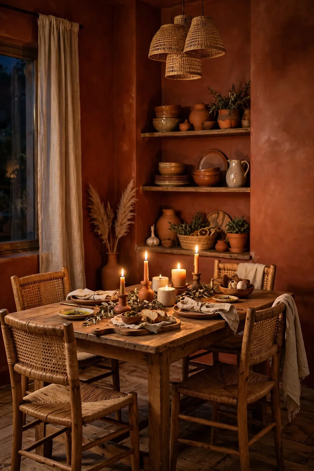 Dining room painted deep burnt sienna terracotta with a wooden table and warm lighting