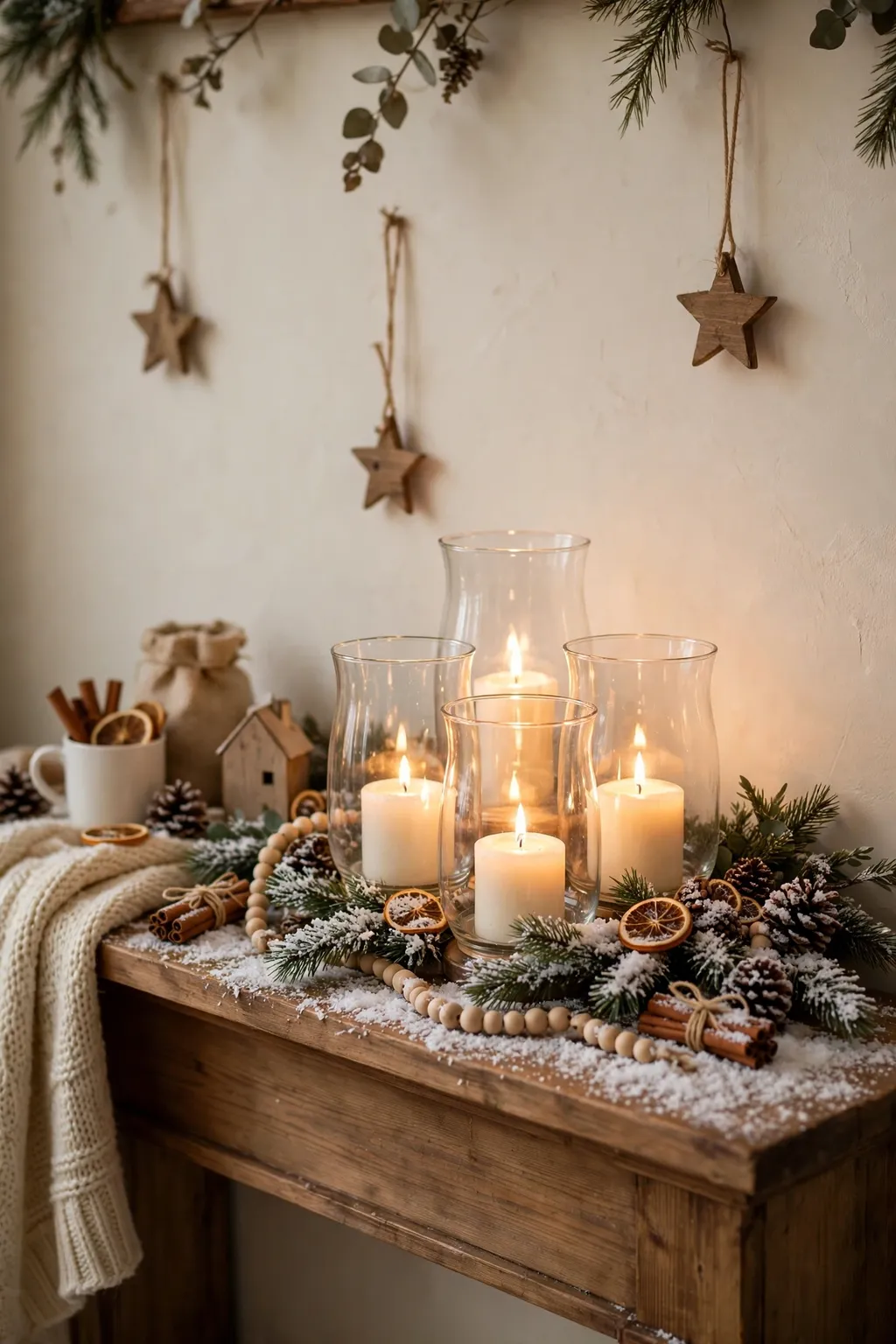 Candles in glass hurricanes with faux snow on a Christmas mantel