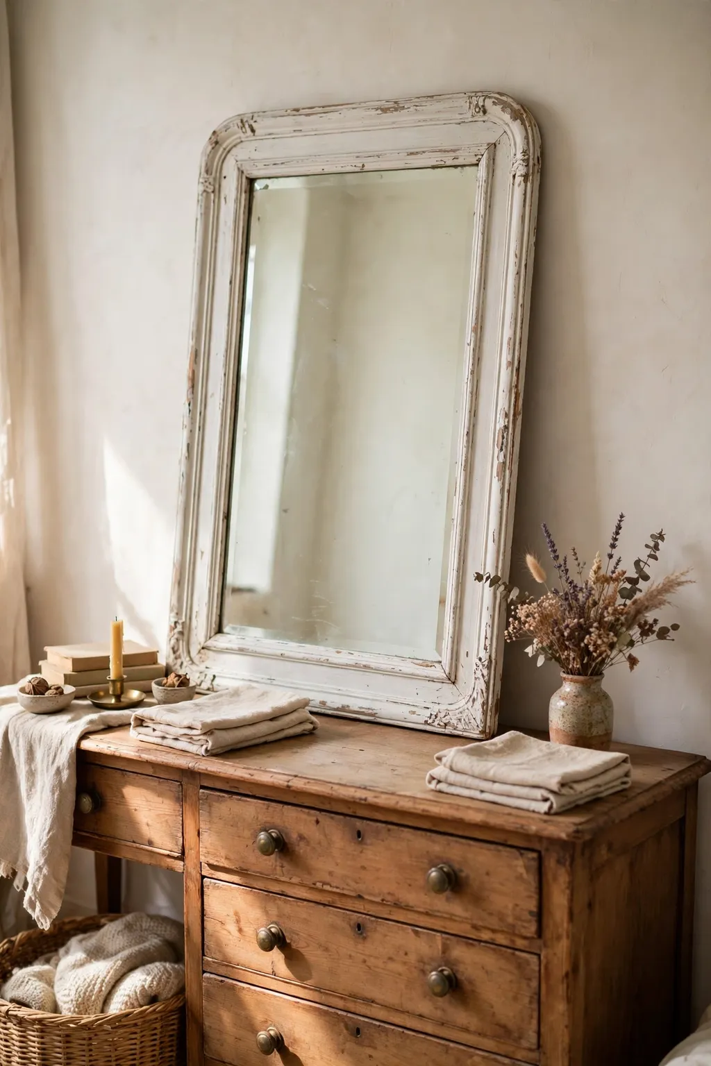 Thrifted vintage mirror with chalk-painted soft white distressed frame on a dresser
