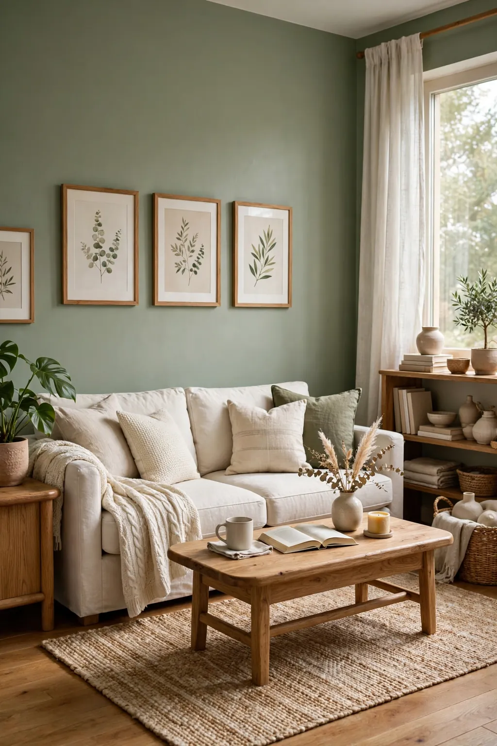 Living room with classic sage green walls and cream sofa