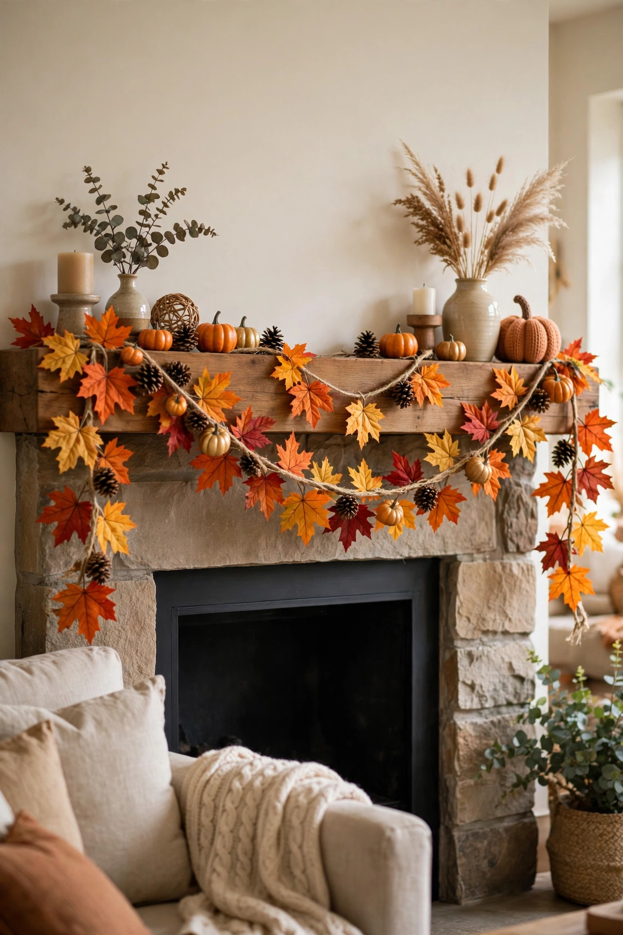 Faux fall leaf garland with pinecones draped across a mantel