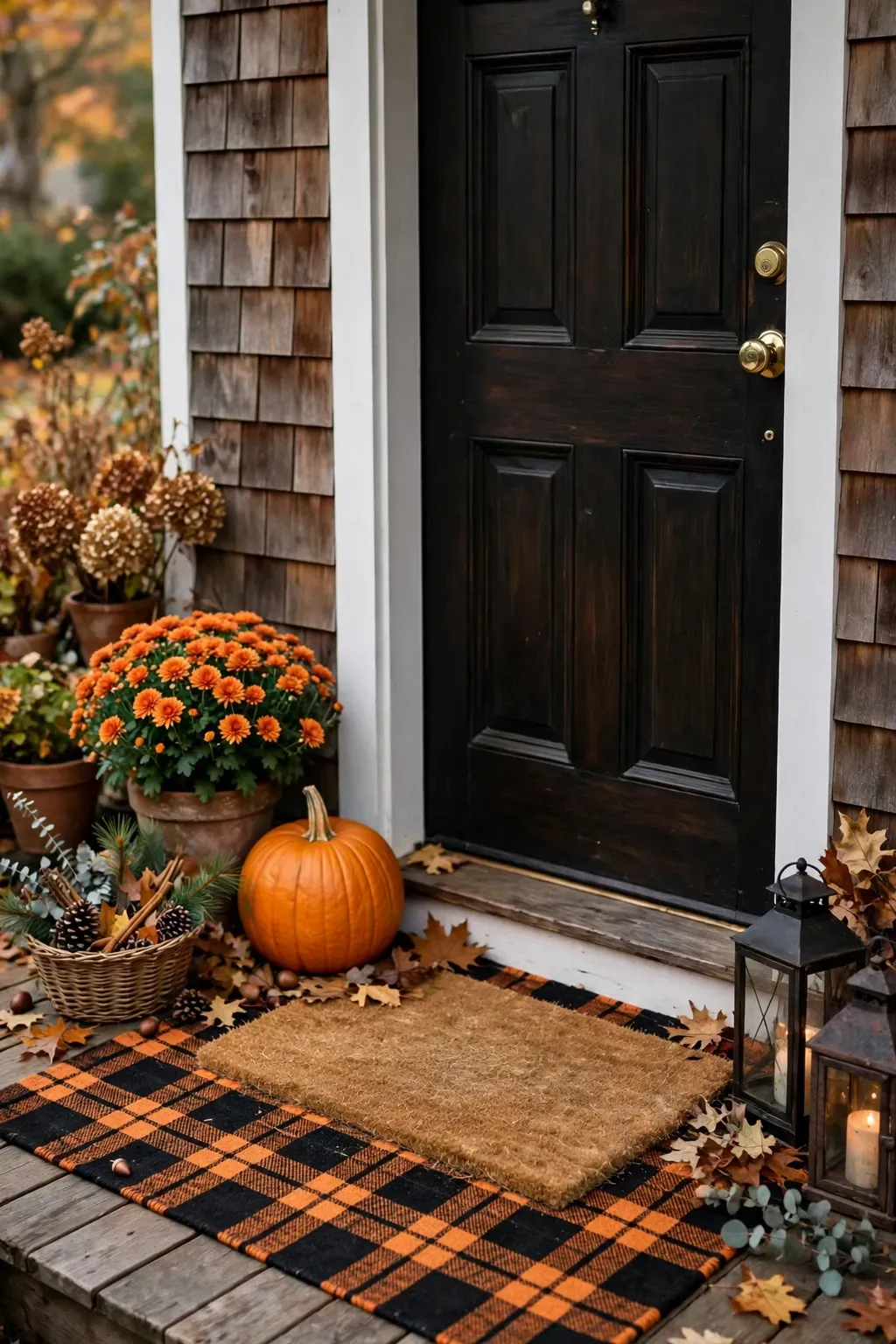 Layered porch doormat with a coir mat over a black and orange plaid rug