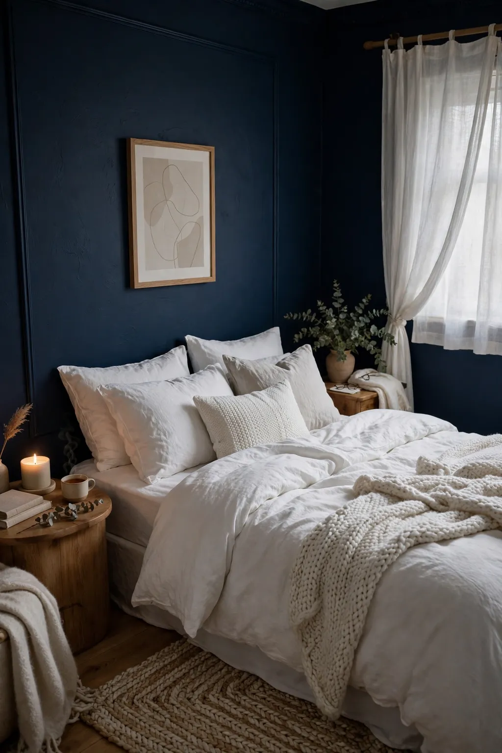 Cocooning bedroom with midnight navy blue walls and soft white bedding