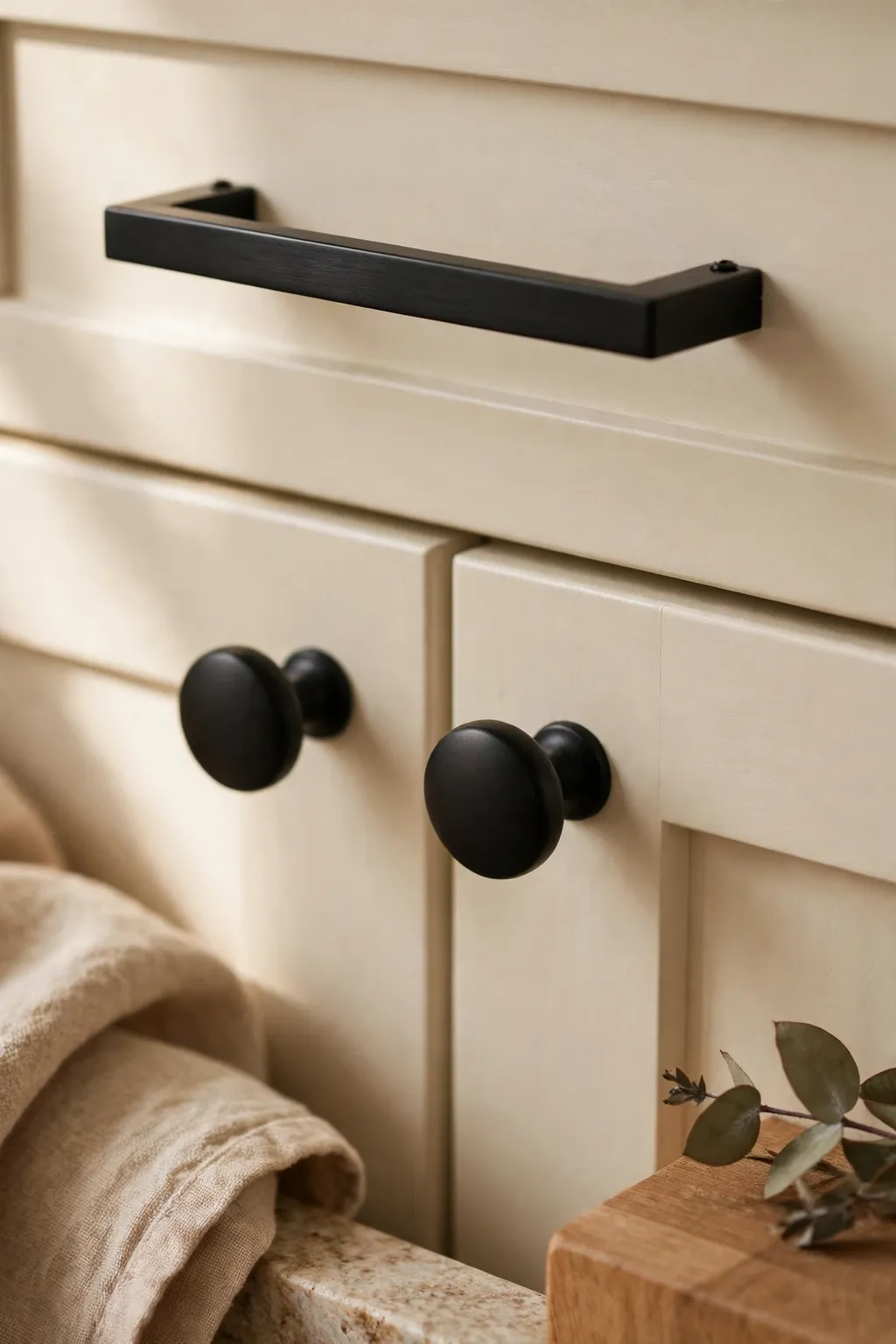 New matte black cabinet knobs and pulls on cream kitchen cabinets