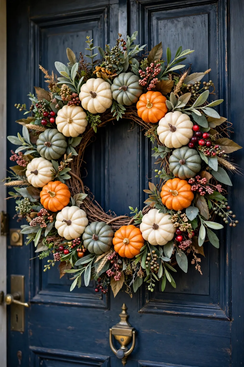 Pumpkin patch wreath with mini pumpkins, leaves, and berries on a front door