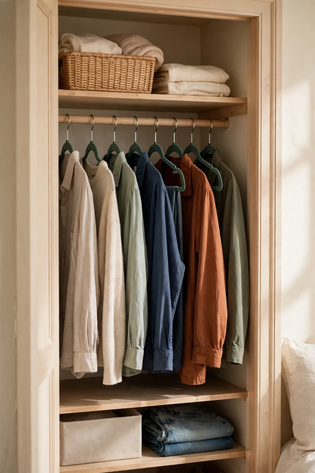 Small closet with slim velvet hangers holding clothes neatly