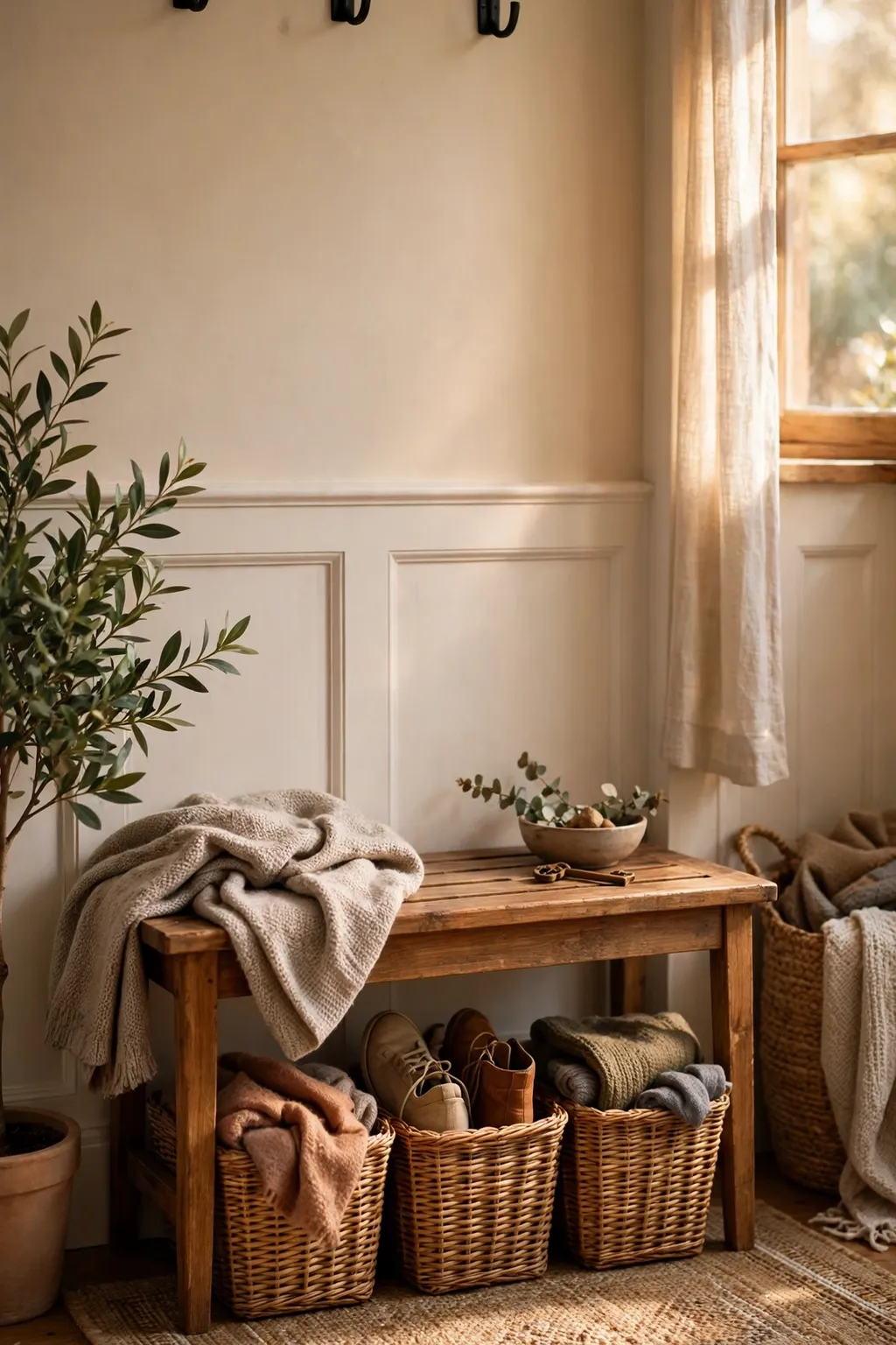 Small wooden entryway bench with baskets stored underneath for shoes and scarves