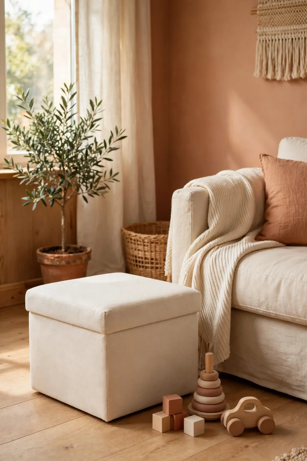 Cozy small living room with a cream storage ottoman holding toys, beside a sofa