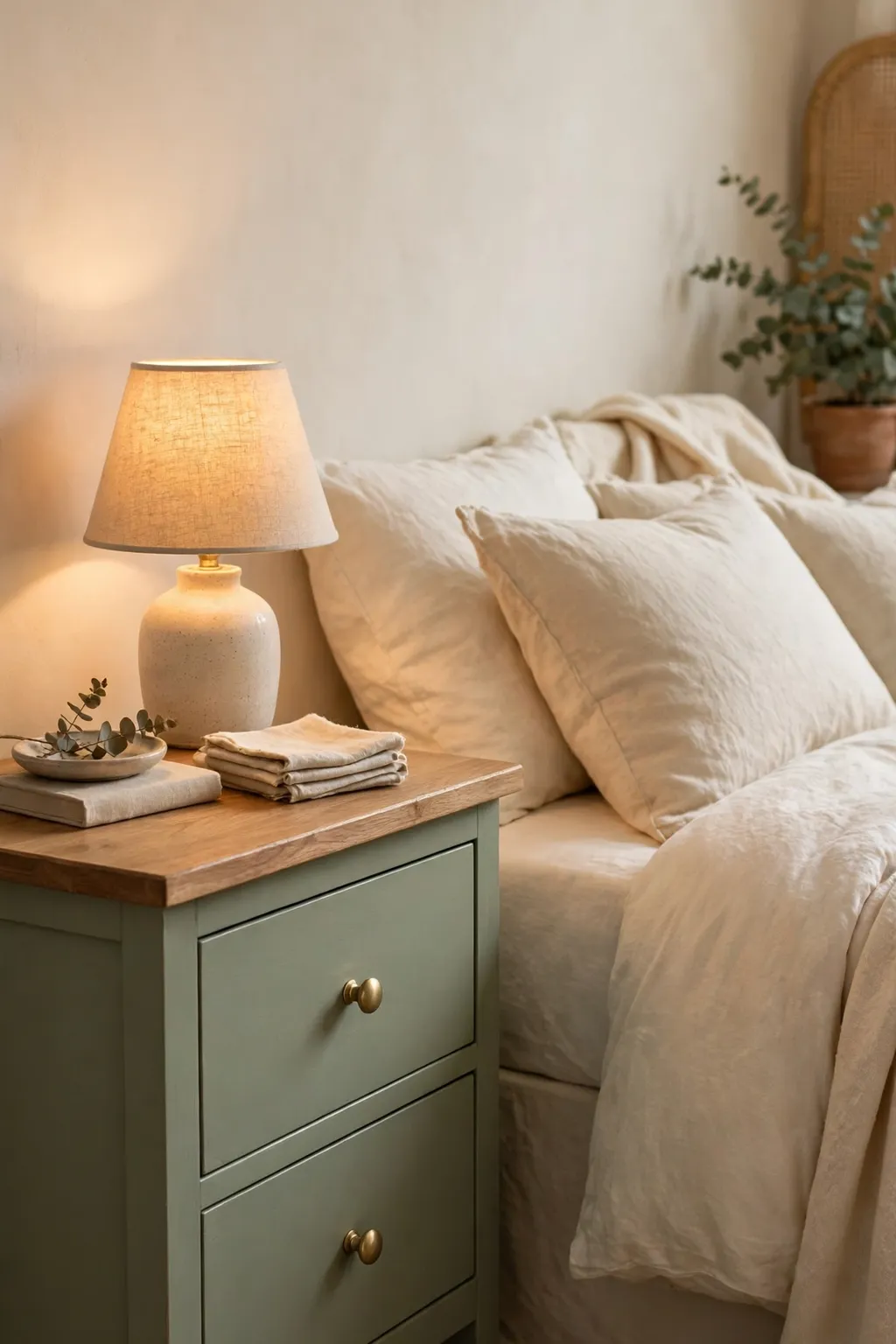 Nightstand painted sage green with a natural wood top beside a bed
