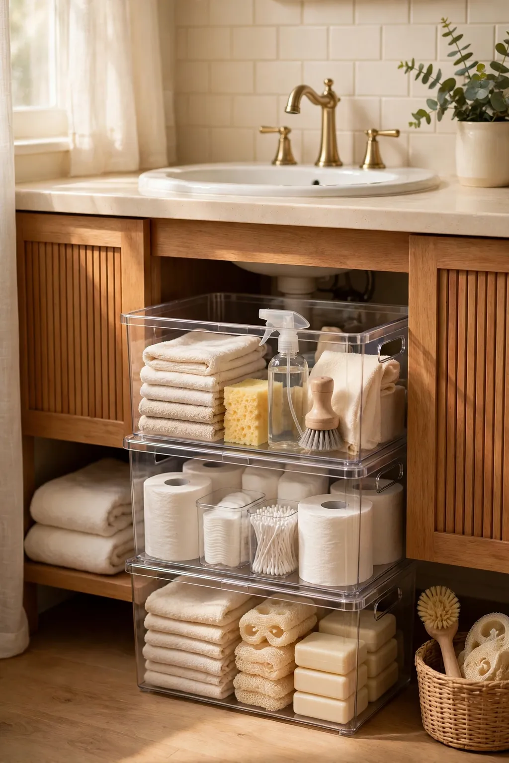Stackable clear bins under a bathroom sink holding cleaning supplies and spare toiletries