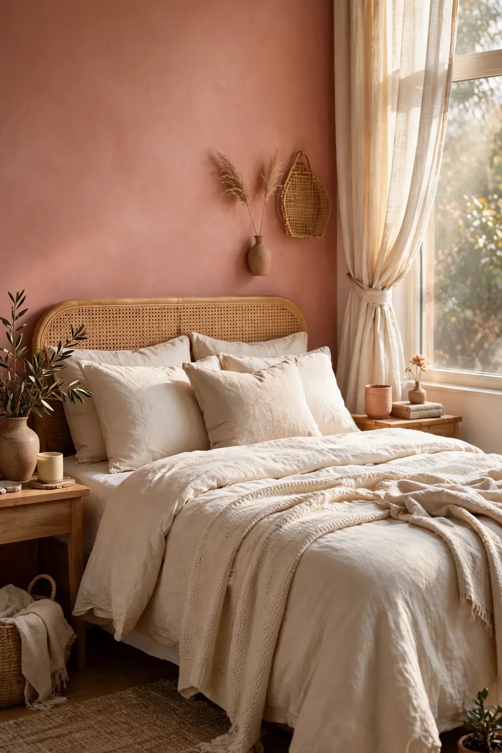 Bedroom painted desert rose terracotta with cream bedding and linen curtains
