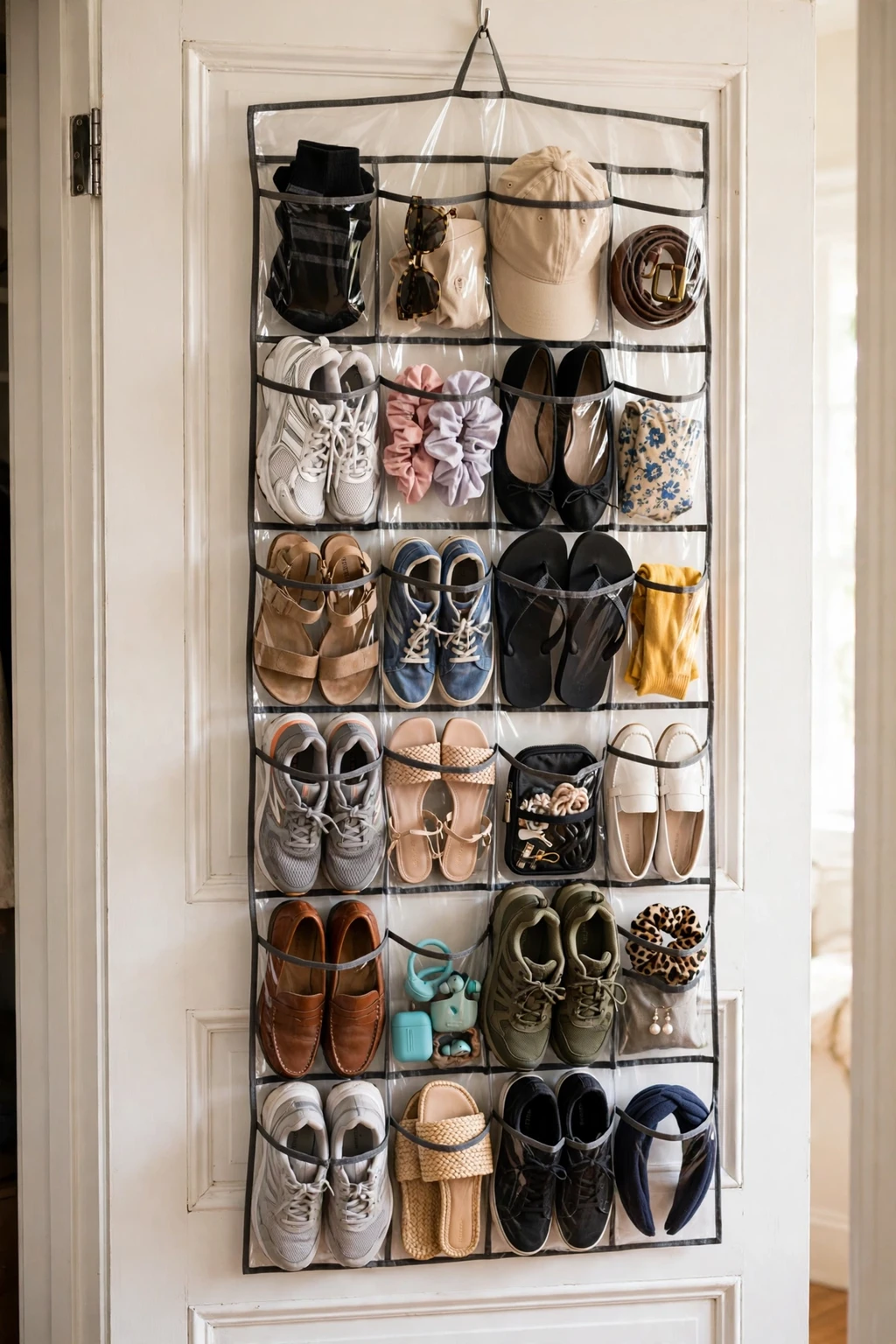 Closet door with a clear hanging shoe organizer full of shoes and accessories