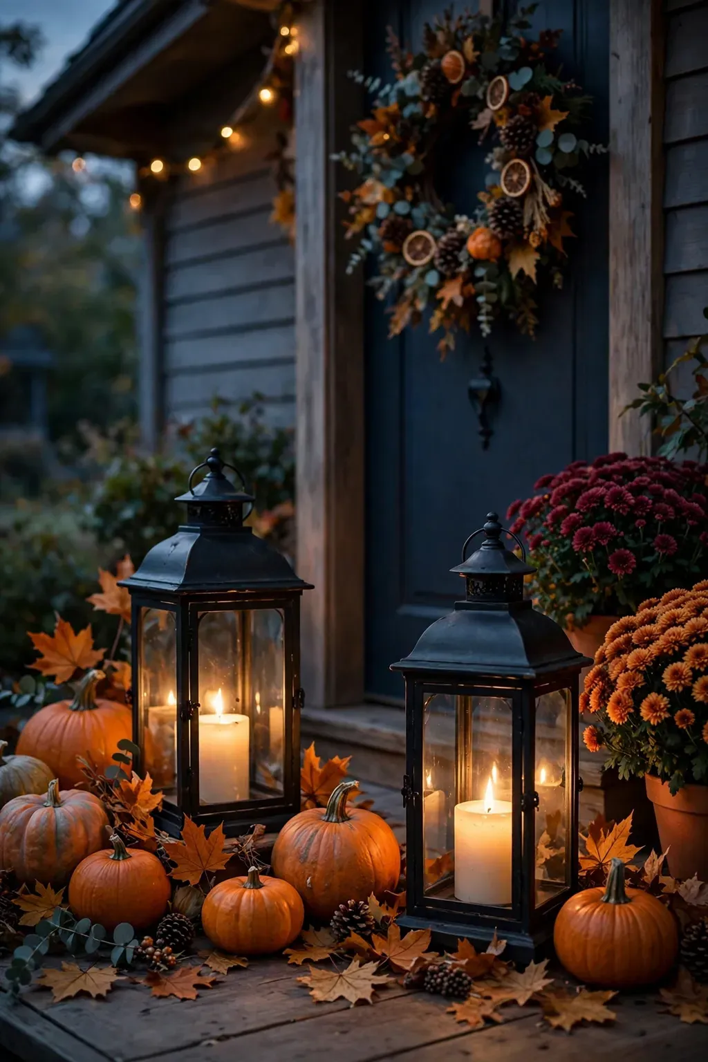 Black metal lanterns with warm glowing candles on a Halloween front porch at dusk