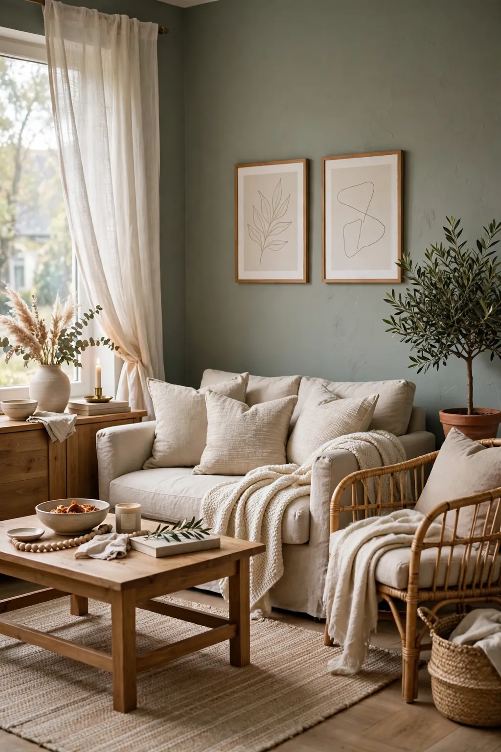 Calm living room with grey sage green walls and wooden furniture