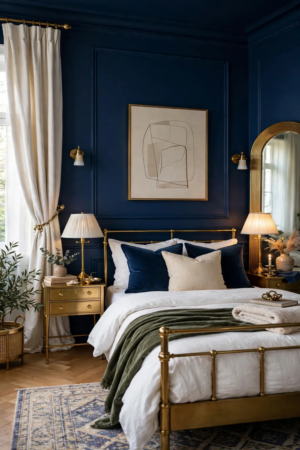 Elegant bedroom with indigo navy blue walls and brass accents