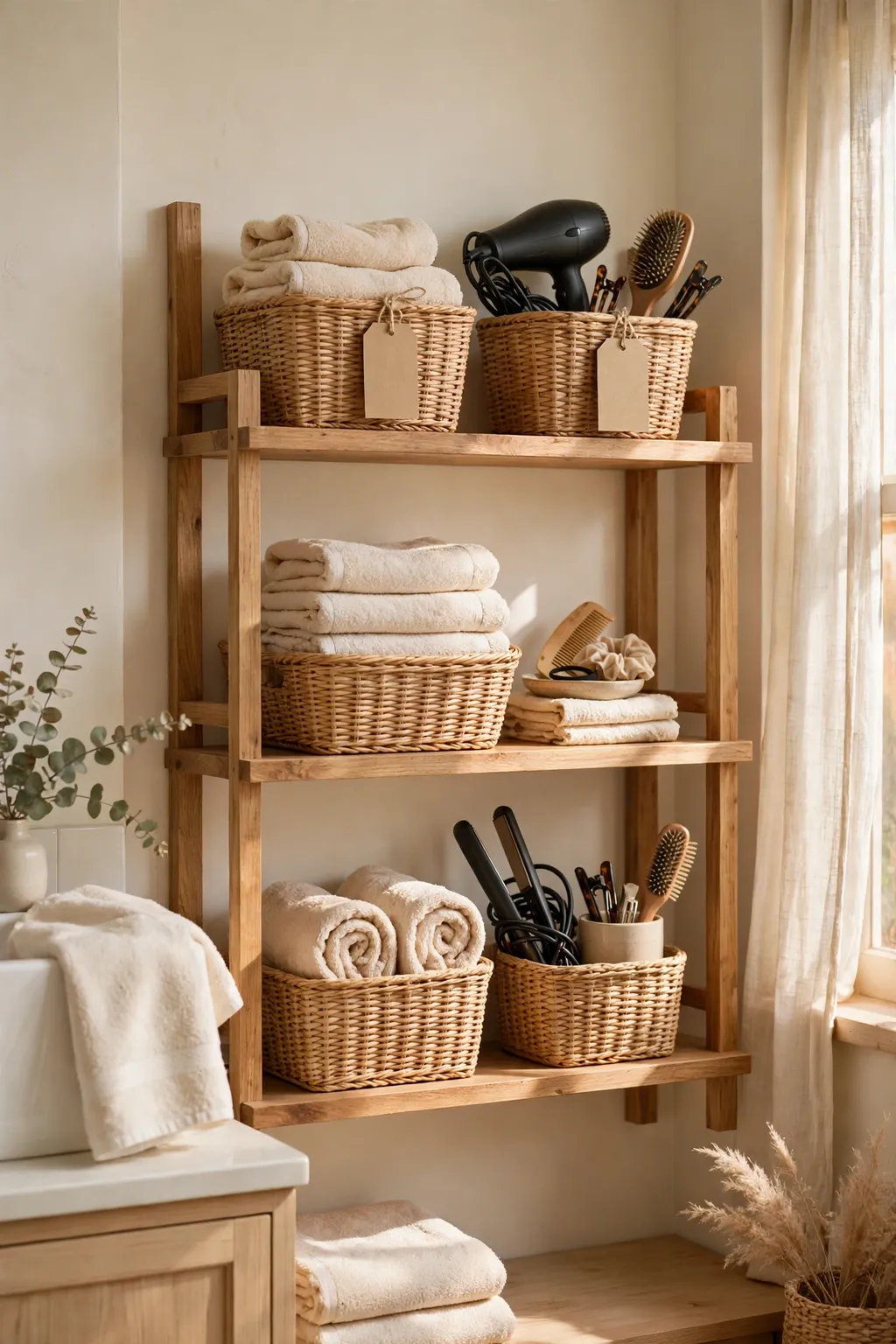 Woven baskets with blank tags on open bathroom shelves holding towels and hair tools