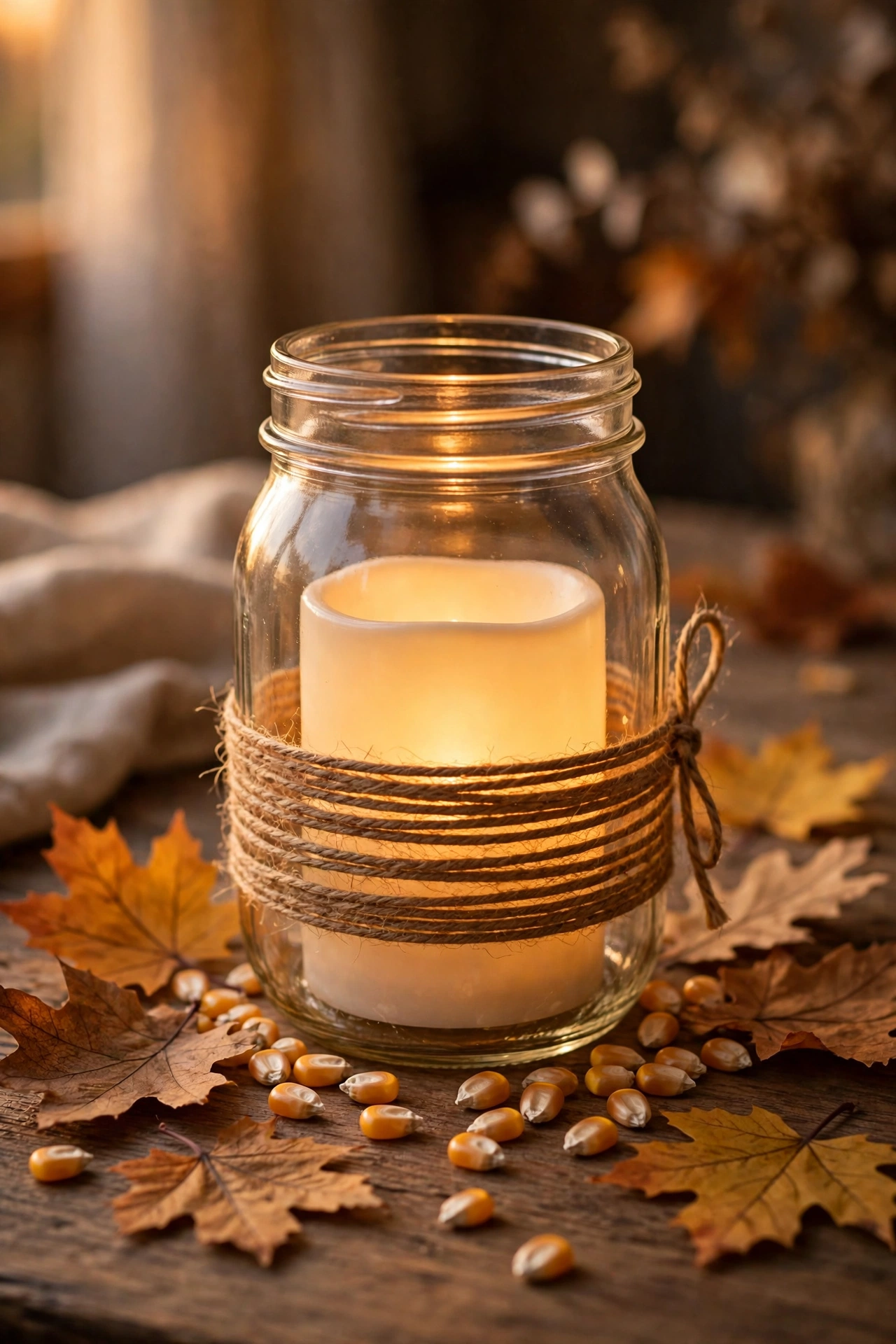 Mason jar fall lantern with twine wrap and a glowing battery candle