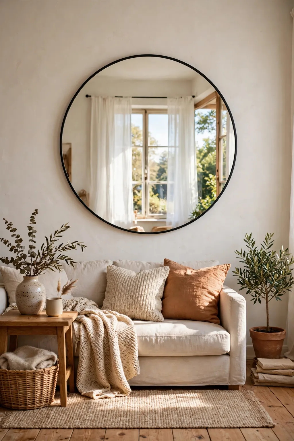 Large round mirror opposite a window in a small living room