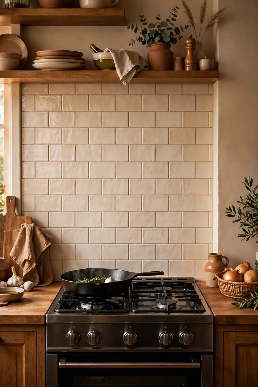 Peel-and-stick subway tile backsplash in a cozy kitchen above a stove