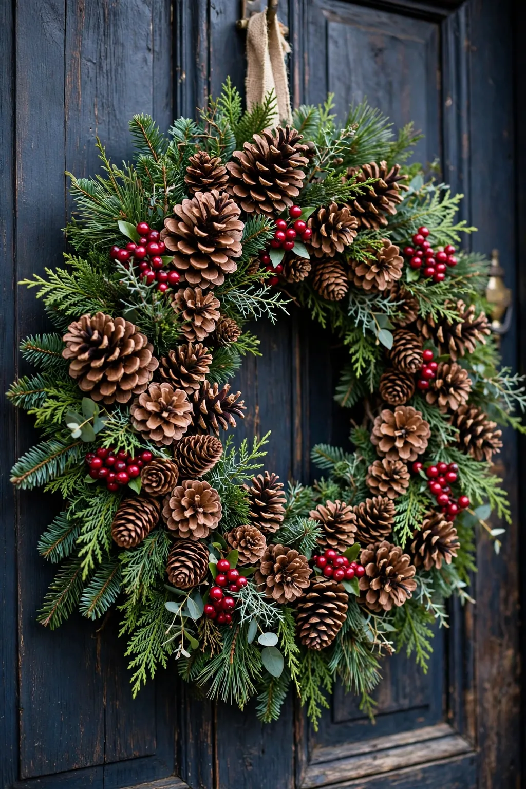 Pinecone and berry wreath with evergreen sprigs on a front door