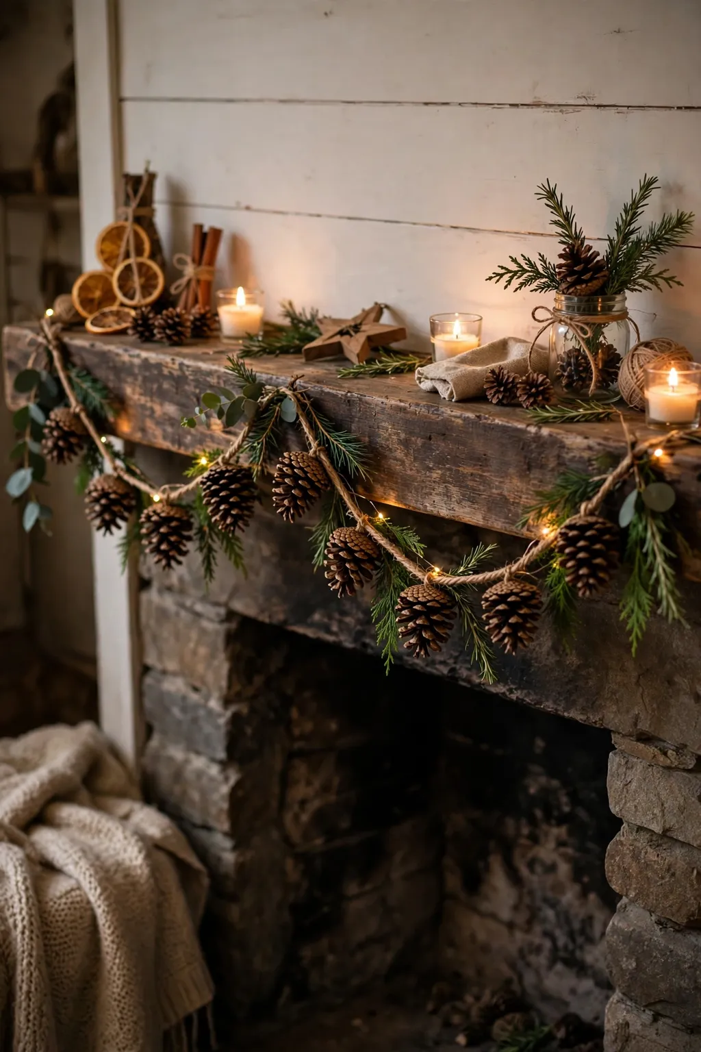 Handmade pinecone garland on a Christmas mantel
