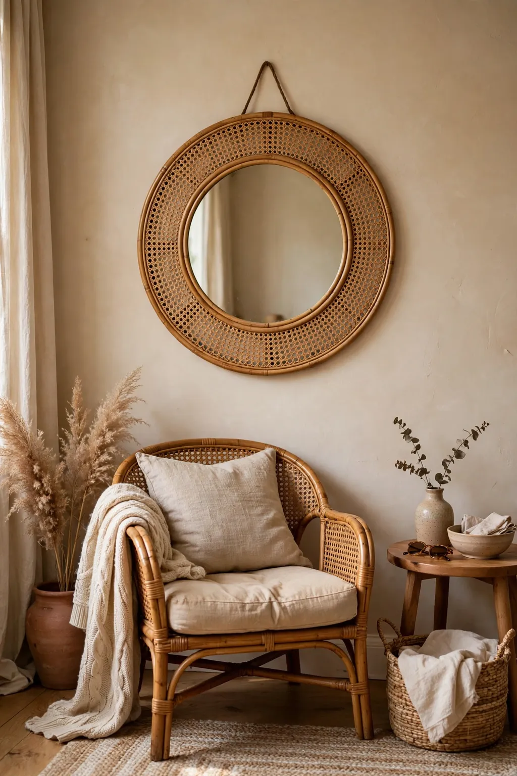 Round thrifted mirror wrapped in natural rattan cane webbing on a living room wall