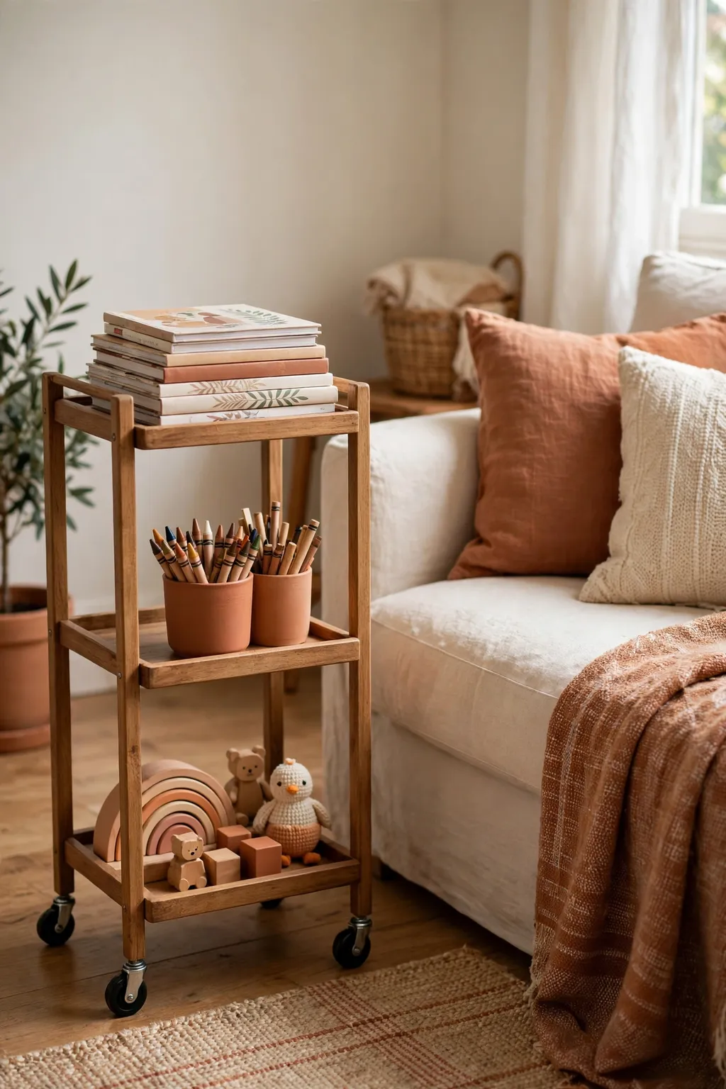 Slim three-tier rolling cart with toys and colouring books beside a sofa in a small living room