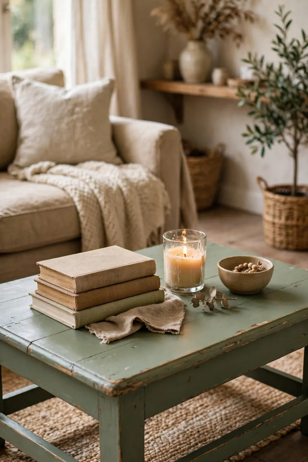Wooden coffee table painted sage green with lightly distressed edges in a living room