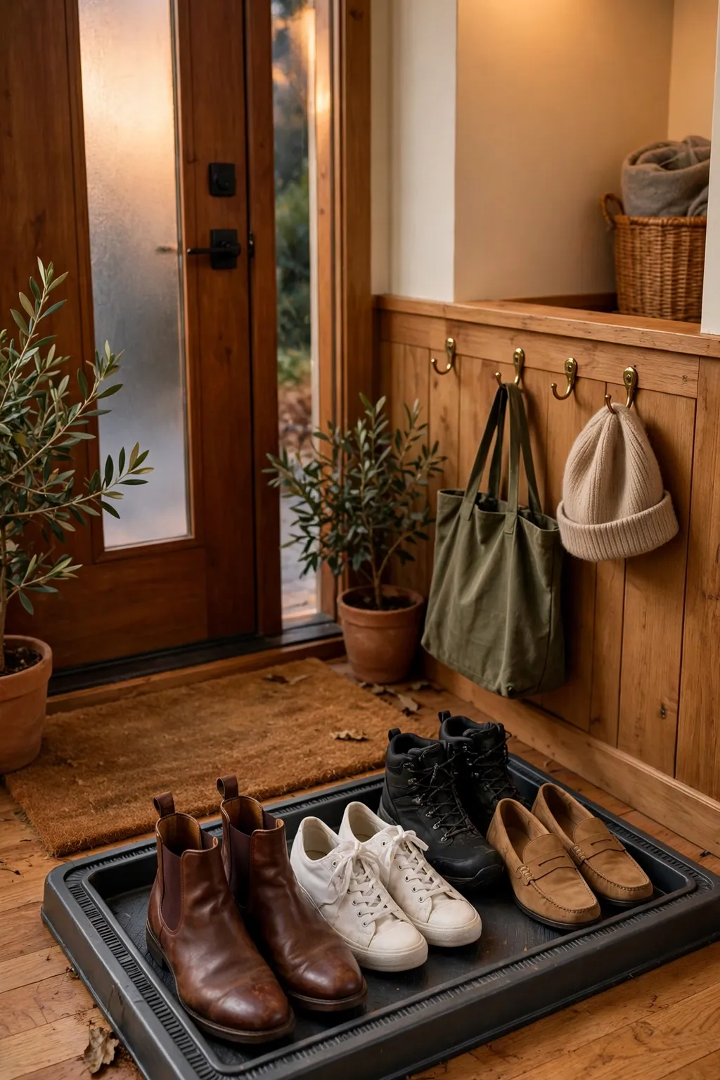 Shoe tray with a raised edge holding pairs of shoes by the front door