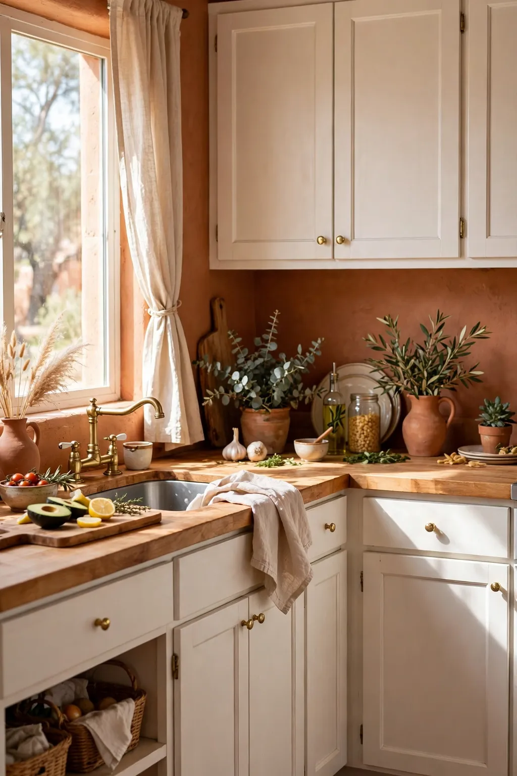 Kitchen painted adobe terracotta with white cabinets and butcher-block counters