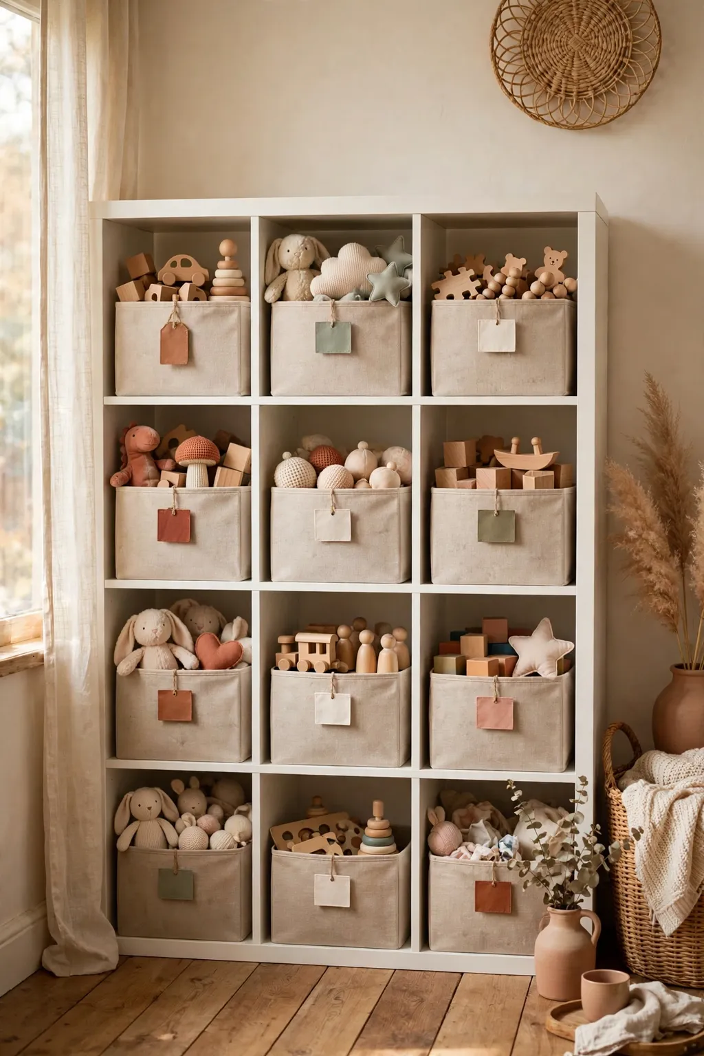 White cube shelves with labelled fabric bins of toys in a small cozy living room