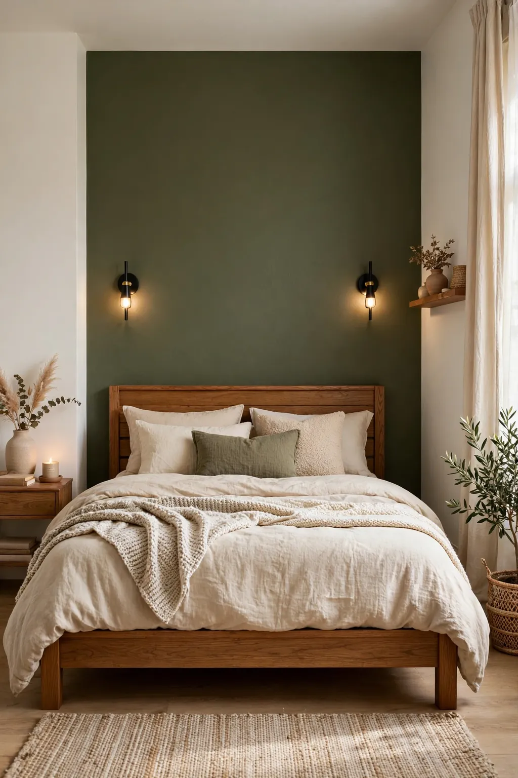 Bedroom accent wall in deep olive sage green behind a wooden bed