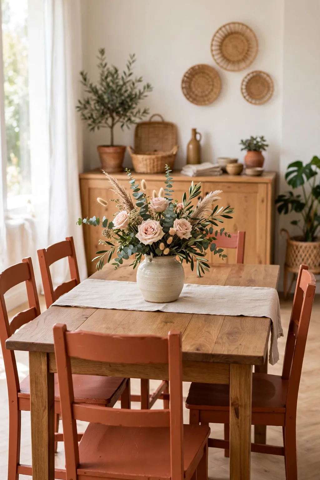Wooden dining chairs painted terracotta around a table in a bright dining room