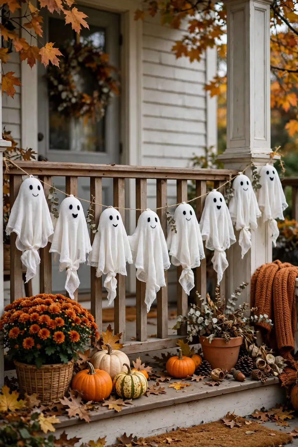 White cheesecloth ghost garland hanging along a front porch railing